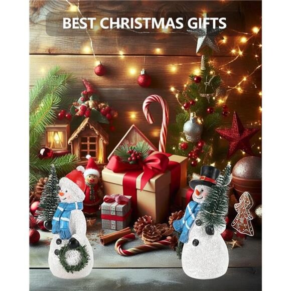 Lighted Snowman Figurines with Christmas Tree Wreath - Indoor Holiday Decor - Picture 3 of 7